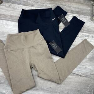 Lilias Active XS Leggings Tan Full length Black 7/8 Ribbed Leggings Lof of 2